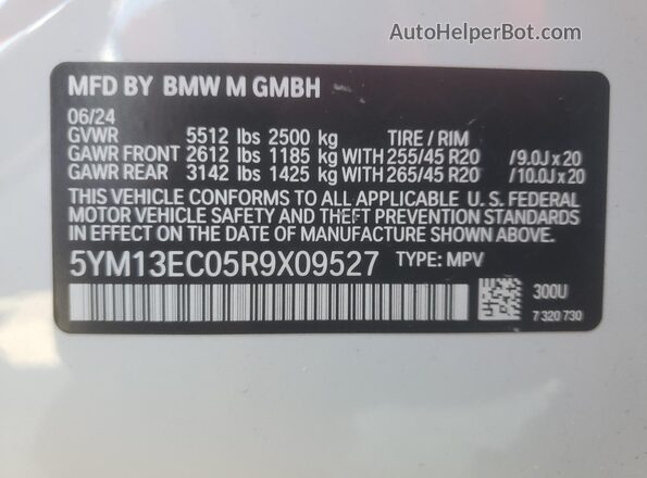 5YM13EC05R9X09527 2024 BMW X3 White VIN კოდის სტიკერის ხედი