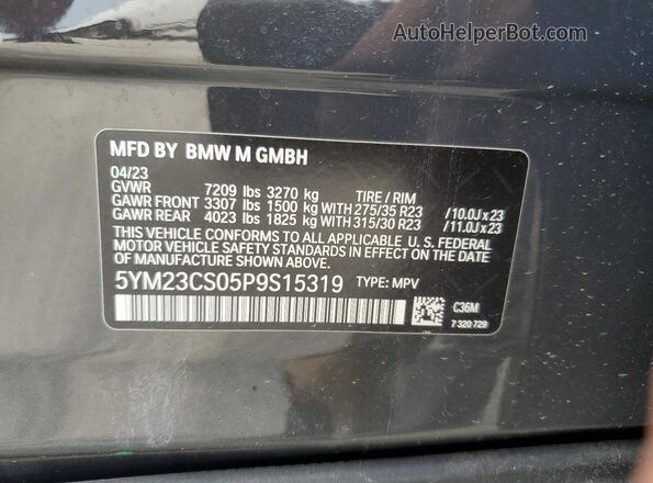 5YM23CS05P9S15319 2023 BMW XM Gray VIN კოდის სტიკერის ხედი