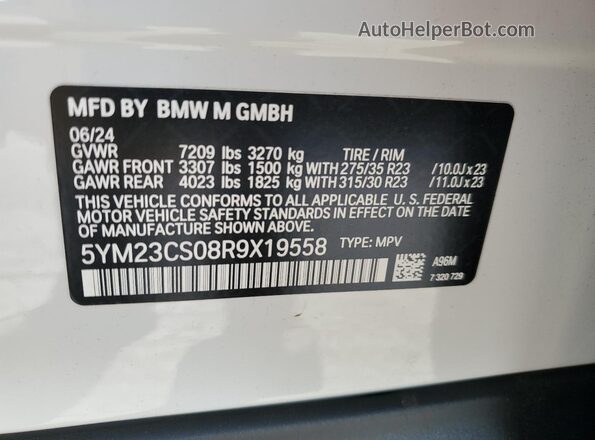 5YM23CS08R9X19558 2024 BMW XM White VIN կոդի պիտակի տեսք