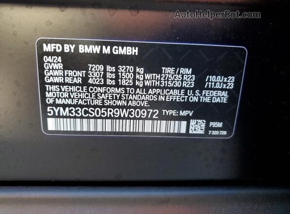5YM33CS05R9W30972 2024 BMW XM Black VIN კოდის სტიკერის ხედი