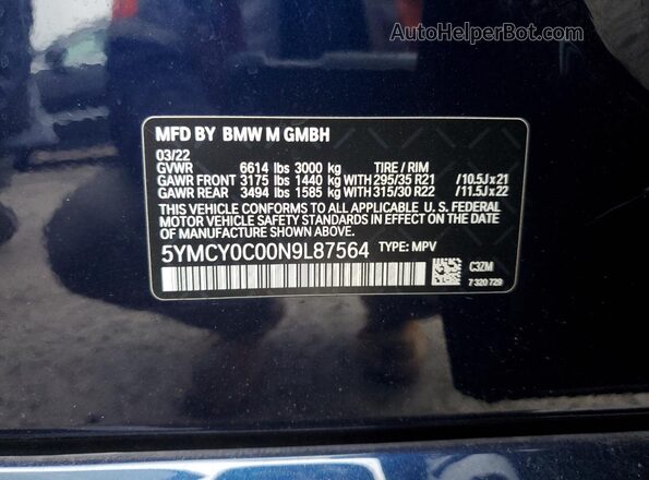 5YMCY0C00N9L87564 2022 BMW X6 Blue Widok naklejki z numerem VIN