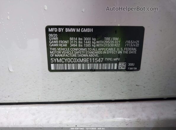 5YMCY0C0XM9E11547 2021 BMW X6 M White Շարժիչի բաժամունքի տեսք