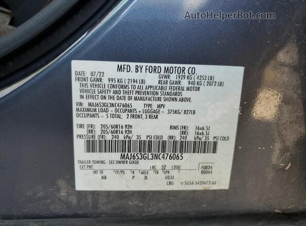 MAJ6S3GL3NC476065 2022 FORD ECOSPORT Gray Widok naklejki z numerem VIN