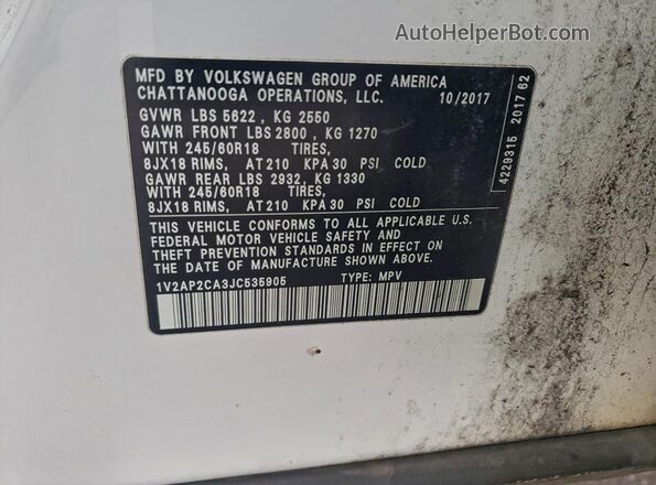 1V2AP2CA3JC535905 2018 VOLKSWAGEN ATLAS White 