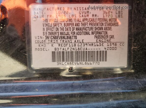3N1CN8EV6NL866770 2022 NISSAN VERSA Black VIN sticker view
