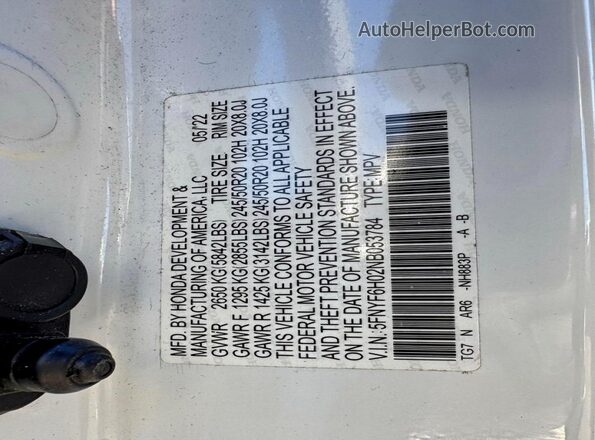 5FNYF6H02NB053784 2022 HONDA PILOT White 