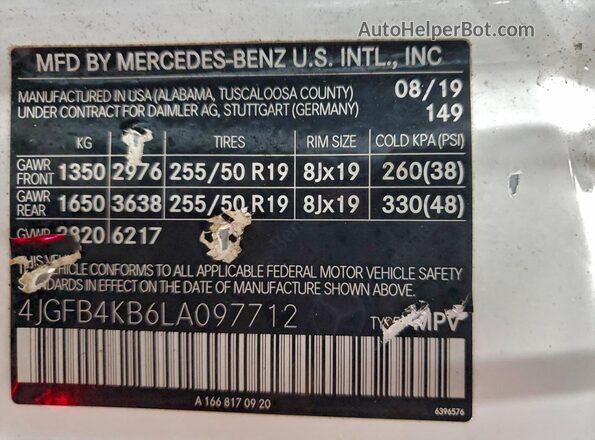 4JGFB4KB6LA097712 2020 MERCEDES-BENZ GLE Белый Панорамный вид салона 360°