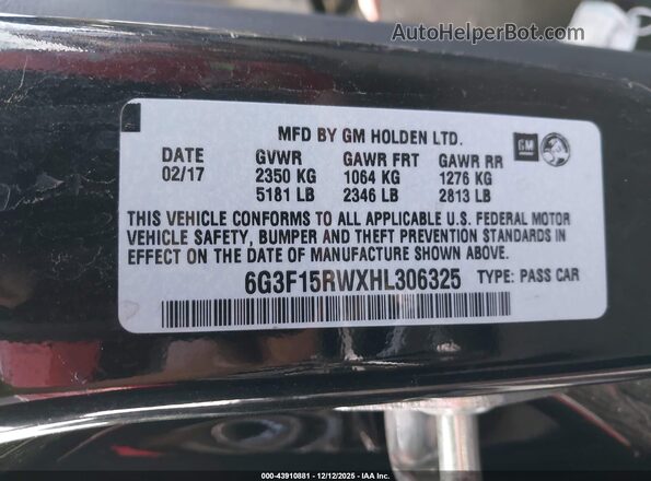 6G3F15RWXHL306325 2017 CHEVROLET SS Black Vista del compartimento del motor