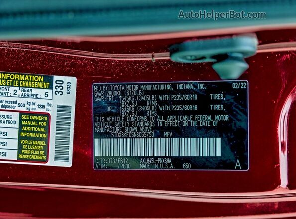 5TDXSKFC5NS055750 2022 TOYOTA SIENNA Burgundy 
