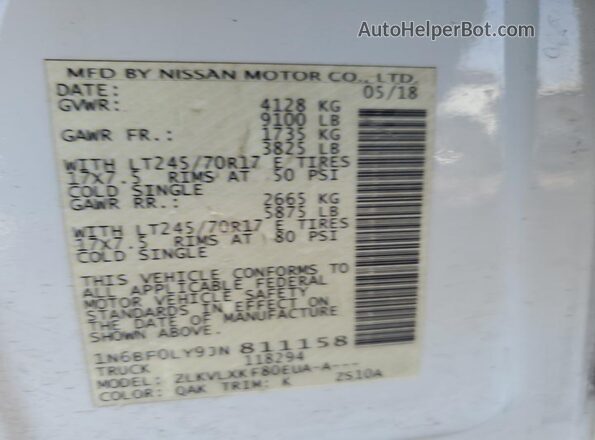 1N6BF0LY9JN811158 2018 NISSAN NV White 