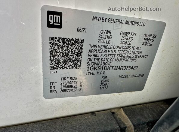 1GKS1DKT2MR375429 2021 GMC YUKON White 