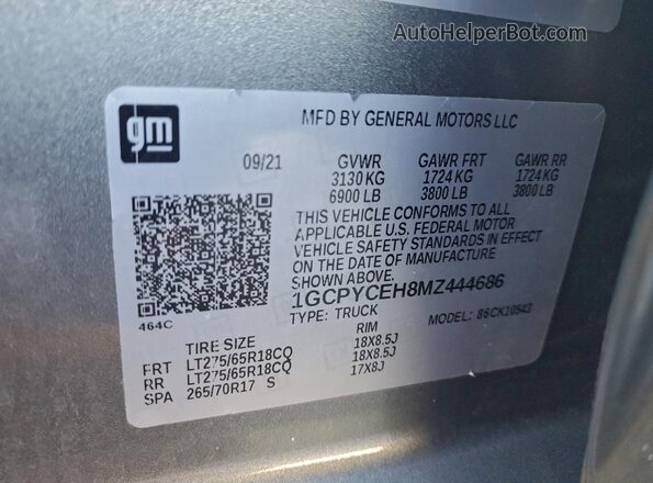 1GCPYCEH8MZ444686 2021 CHEVROLET SILVERADO Серебряный Вид наклейки с VIN-кодом