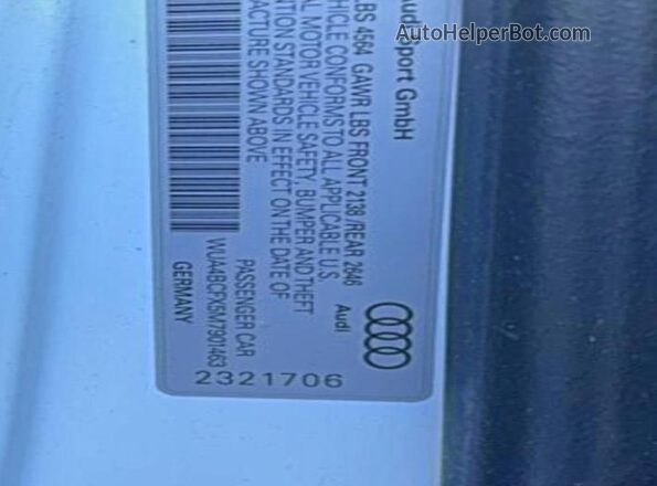 WUA4BCFX5M7901463 2021 AUDI R8 White უკანა სალონის ხედი