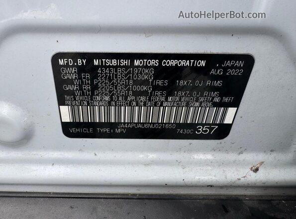 JA4APUAU6NU021650 2022 MITSUBISHI OUTLANDER White 