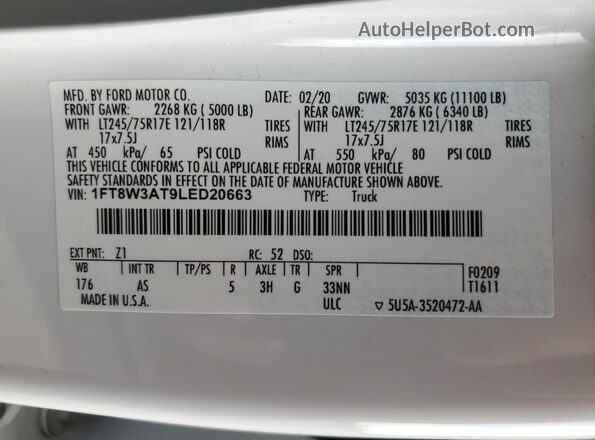 1FT8W3AT9LED20663 2020 FORD F350 White Widok naklejki z numerem VIN