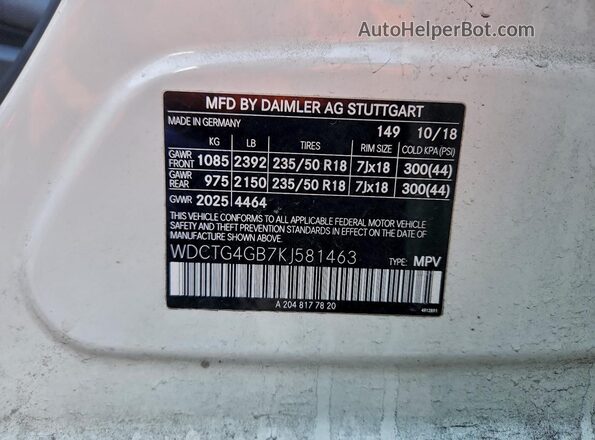 WDCTG4GB7KJ581463 2019 MERCEDES-BENZ GLA-CLASS Белый 
