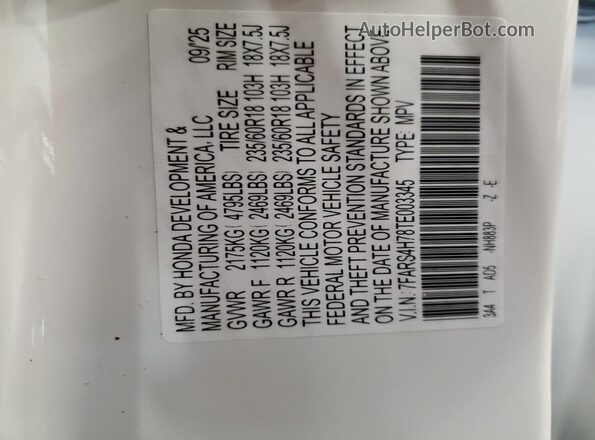 7FARS4H78TE003345 2026 HONDA CR-V White Widok naklejki z numerem VIN