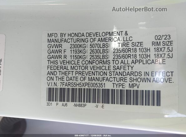 7FARS5H5XPE005351 2023 HONDA CR-V White Շարժիչի բաժամունքի տեսք