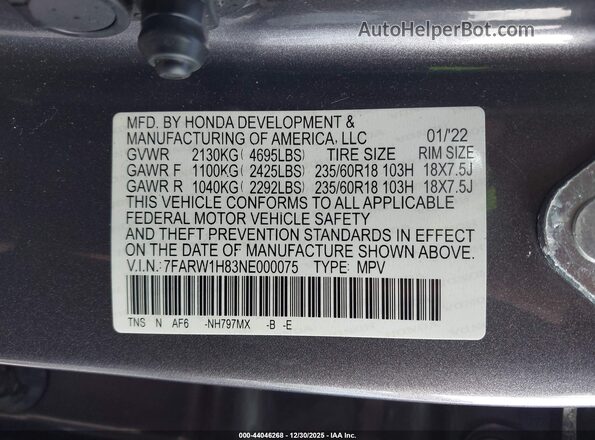 7FARW1H83NE000075 2022 HONDA CR-V Серый Вид подкапотного пространства