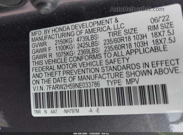 7FARW2H59NE033786 2022 HONDA CR-V Blue 