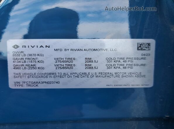 7FCTGAAA3PN023740 2023 RIVIAN R1T Blue Вид наклейки з VIN-кодом