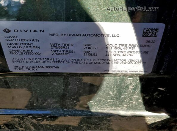 7FCTGAAA5NN008749 2022 RIVIAN R1T Green Вид підкапотного простору