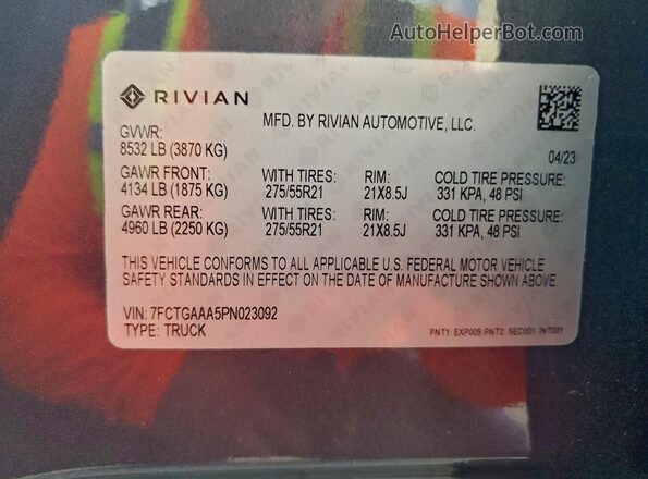 7FCTGAAA5PN023092 2023 RIVIAN R1T Gray Widok komory silnika