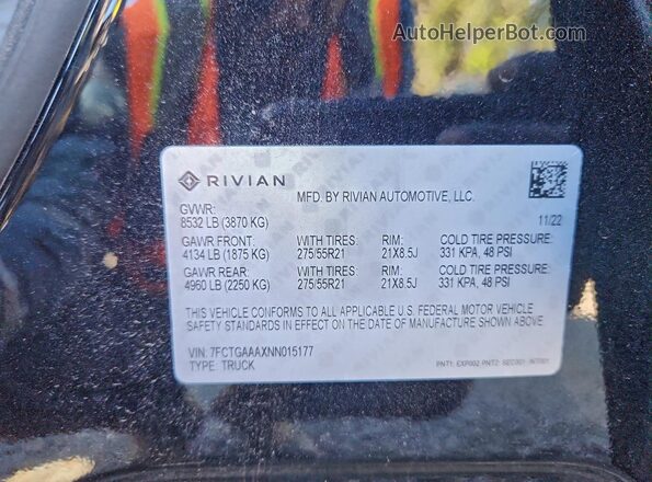 7FCTGAAAXNN015177 2022 RIVIAN R1T Black VIN კოდის სტიკერის ხედი