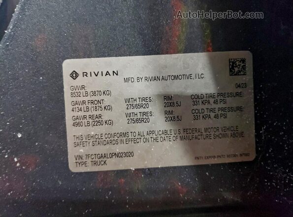 7FCTGAAL0PN023020 2023 RIVIAN R1T Gray ძრავის განყოფილების ხედი