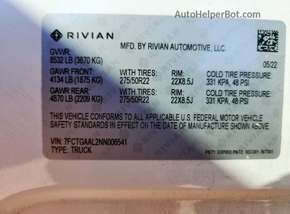 7FCTGAAL2NN006541 2022 RIVIAN R1T White VIN sticker view