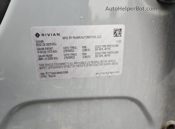 7FCTGAAL9NN015396 2022 RIVIAN R1T Blue ძრავის განყოფილების ხედი