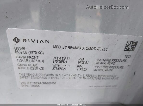 7FCTGCAA0RN030756 2024 RIVIAN R1T Gray Widok naklejki z numerem VIN