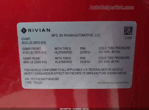 7FCTGCAA1TN043362 2026 RIVIAN R1T Red Vista del compartimento del motor