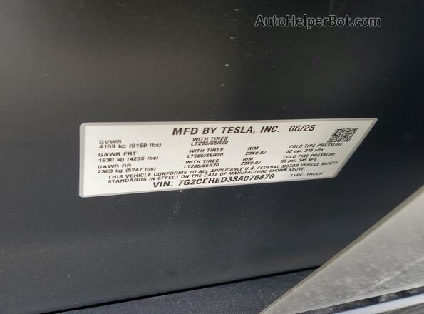 7G2CEHED3SA075878 2025 TESLA CYBERTRUCK Silver Вид наклейки з VIN-кодом