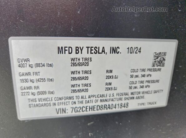 7G2CEHED8RA041848 2024 TESLA CYBERTRUCK Silver VIN կոդի պիտակի տեսք