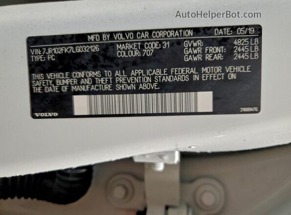 7JR102FK7LG032126 2020 VOLVO S60 White Շարժիչի բաժամունքի տեսք
