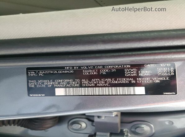 7JRA22TK2LG048426 2020 VOLVO S60 Серый Вид подкапотного пространства