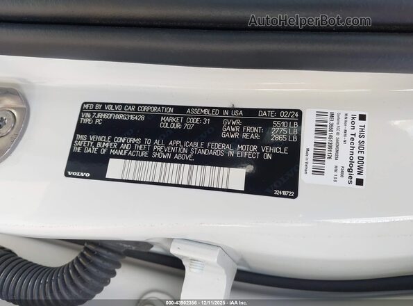 7JRH60FHXRG316428 2024 VOLVO S60 RECHARGE PLUG-IN HYBRID White Widok komory silnika