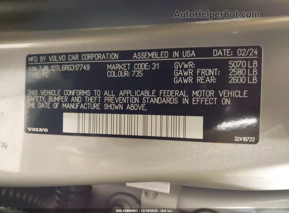 7JRL12TL6RG317749 2024 VOLVO S60 Silver Engine compartment view