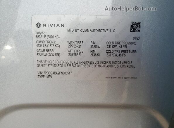 7PDSGABA2PN006517 2023 RIVIAN R1S Silver Вид наклейки з VIN-кодом