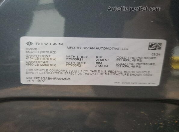 7PDSGABA4RN042504 2024 RIVIAN R1S Charcoal 360 interior view
