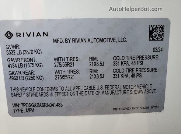 7PDSGABA6RN041483 2024 RIVIAN R1S White VIN კოდის სტიკერის ხედი