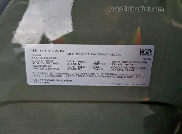 7PDSGABL6RN034809 2024 RIVIAN R1S Green Вид наклейки з VIN-кодом