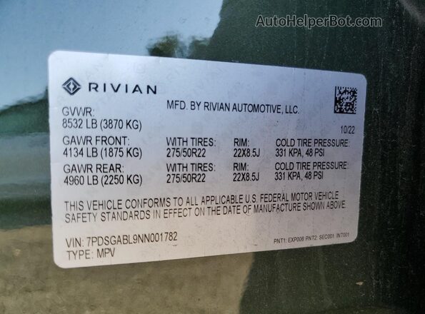 7PDSGABL9NN001782 2022 RIVIAN R1S Green VIN sticker view