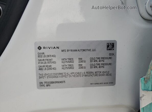 7PDSGBBA0RN040075 2024 RIVIAN R1S White Vista de la etiqueta del VIN