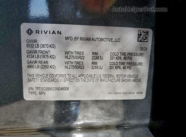 7PDSGBBA2SN048006 2025 RIVIAN R1S Gray VIN კოდის სტიკერის ხედი