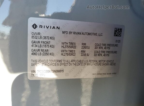 7PDSGBBA7SN066615 2025 RIVIAN R1S Gray Вид наклейки з VIN-кодом