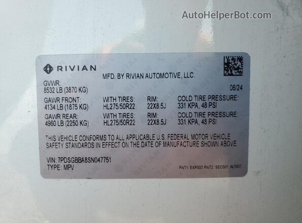 7PDSGBBA8SN047751 2025 RIVIAN R1S White Вид наклейки з VIN-кодом