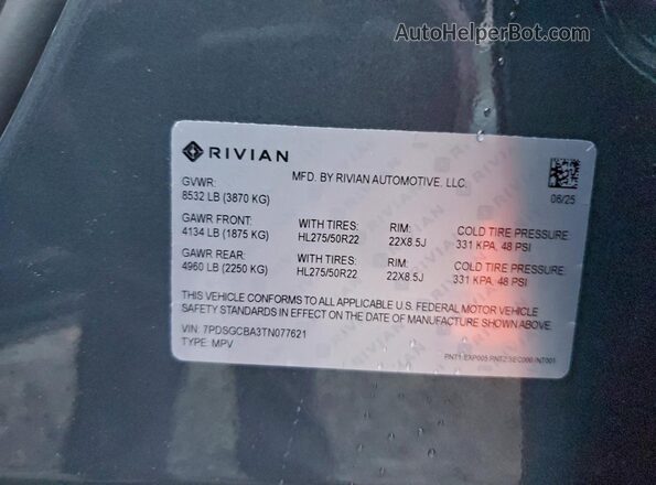 7PDSGCBA3TN077621 2026 RIVIAN R1S Gray VIN კოდის სტიკერის ხედი