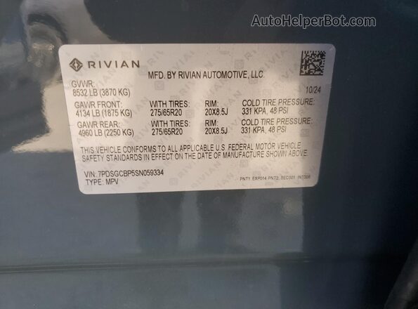 7PDSGCBP5SN059334 2025 RIVIAN R1S Gray VIN კოდის სტიკერის ხედი